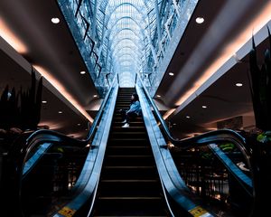 Preview wallpaper escalator, stairs, girl, building, interior