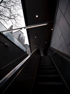 Preview wallpaper escalator, stairs, rise, buildings, trees