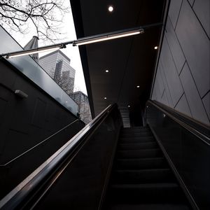 Preview wallpaper escalator, stairs, rise, buildings, trees