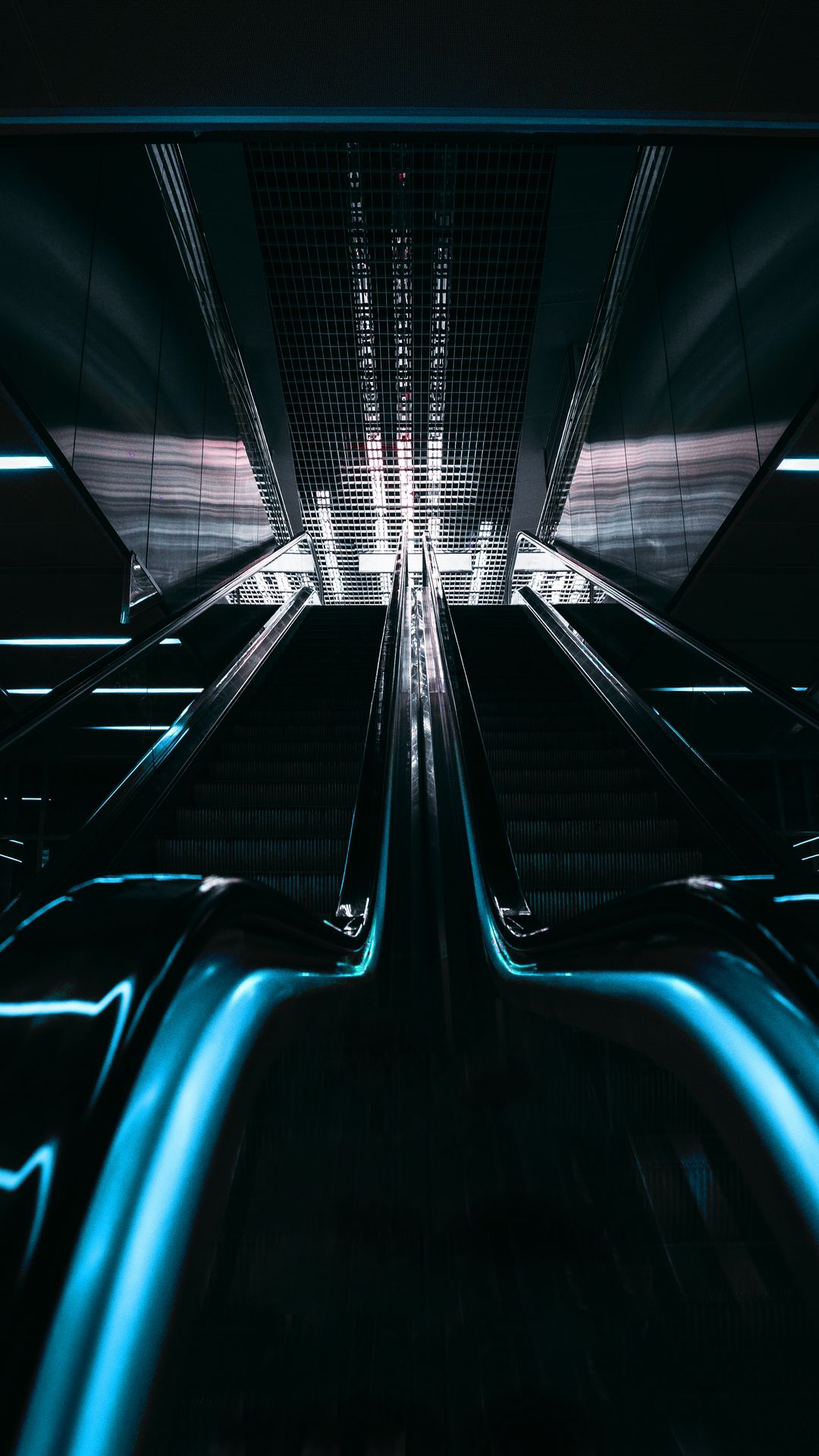 Download wallpaper 1080x1920 escalator, stairs, room, lights, dark