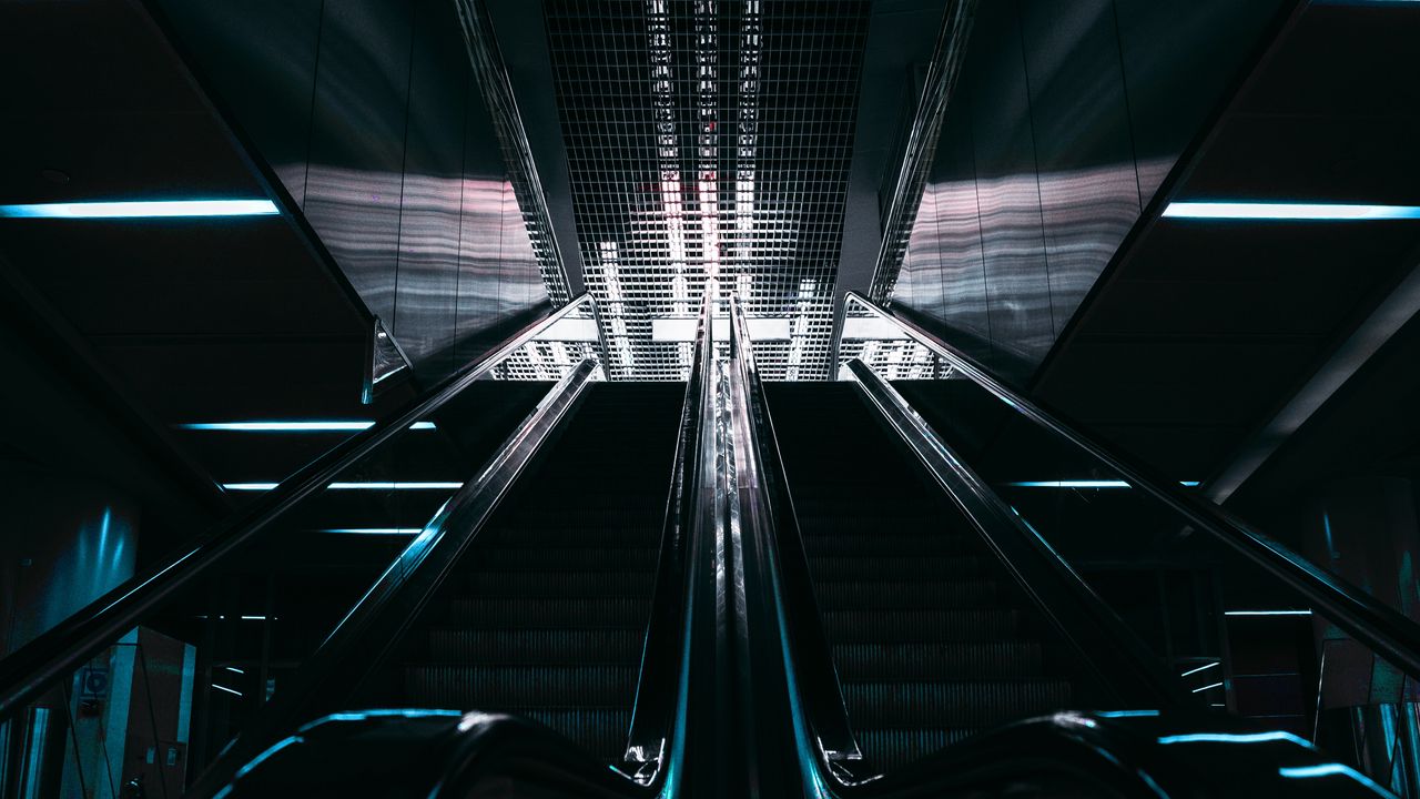 Wallpaper escalator, stairs, room, lights, dark