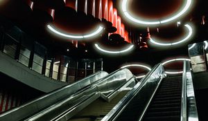 Preview wallpaper escalator, stairs, steps, back, neon