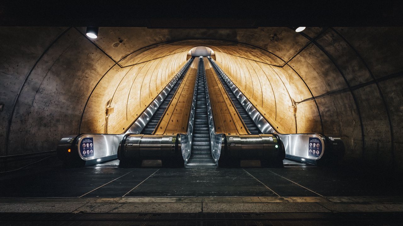 Wallpaper escalator, subway, tunnel, empty, dark