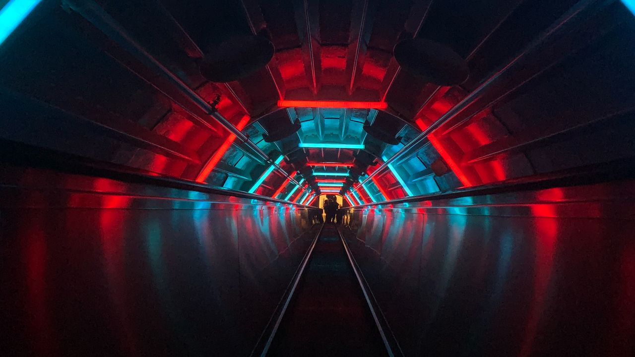 Wallpaper escalator, tunnel, dark, neon, blue, red