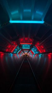 Preview wallpaper escalator, tunnel, dark, neon, blue, red