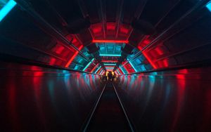 Preview wallpaper escalator, tunnel, dark, neon, blue, red