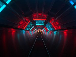 Preview wallpaper escalator, tunnel, dark, neon, blue, red