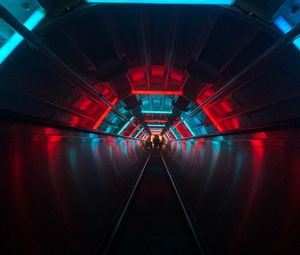 Preview wallpaper escalator, tunnel, dark, neon, blue, red