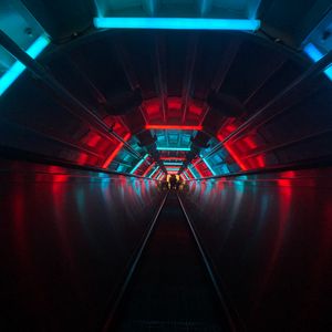 Preview wallpaper escalator, tunnel, dark, neon, blue, red