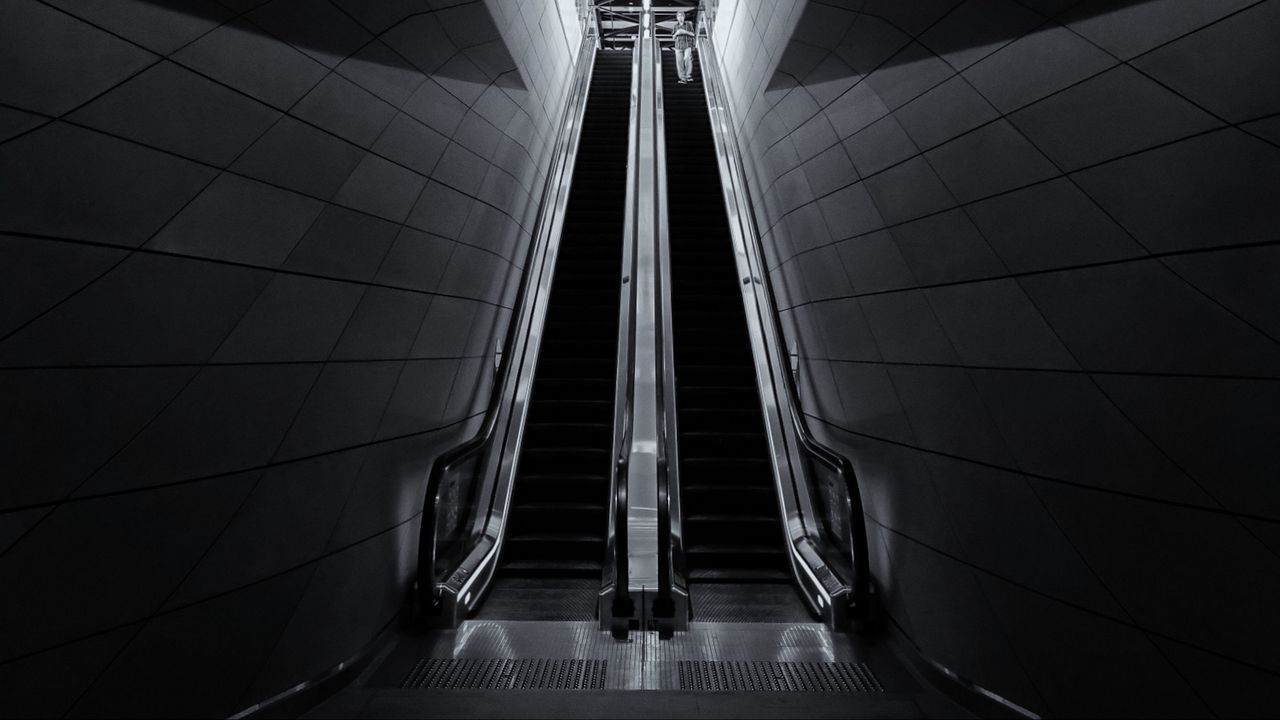 Wallpaper escalators, lights, subway, station, black and white, dark