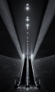 Preview wallpaper escalators, lights, subway, station, black and white, dark