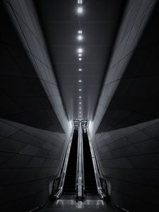 Preview wallpaper escalators, lights, subway, station, black and white, dark