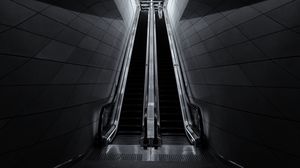 Preview wallpaper escalators, lights, subway, station, black and white, dark