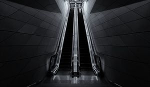 Preview wallpaper escalators, lights, subway, station, black and white, dark