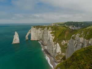 Preview wallpaper etretat cliffs, rocks, sea, arch, clouds, france