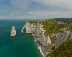 Preview wallpaper etretat cliffs, rocks, sea, arch, clouds, france