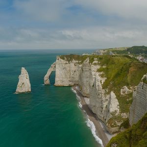 Preview wallpaper etretat cliffs, rocks, sea, arch, clouds, france