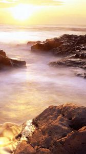Preview wallpaper evaporation, stony coast, rising, sun, horizon, fog