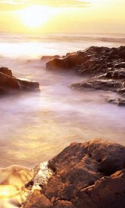 Preview wallpaper evaporation, stony coast, rising, sun, horizon, fog