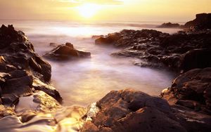 Preview wallpaper evaporation, stony coast, rising, sun, horizon, fog