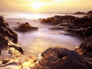 Preview wallpaper evaporation, stony coast, rising, sun, horizon, fog