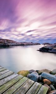 Preview wallpaper evening, bridge, boards, sky, decline, lilac, lodges