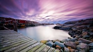 Preview wallpaper evening, bridge, boards, sky, decline, lilac, lodges