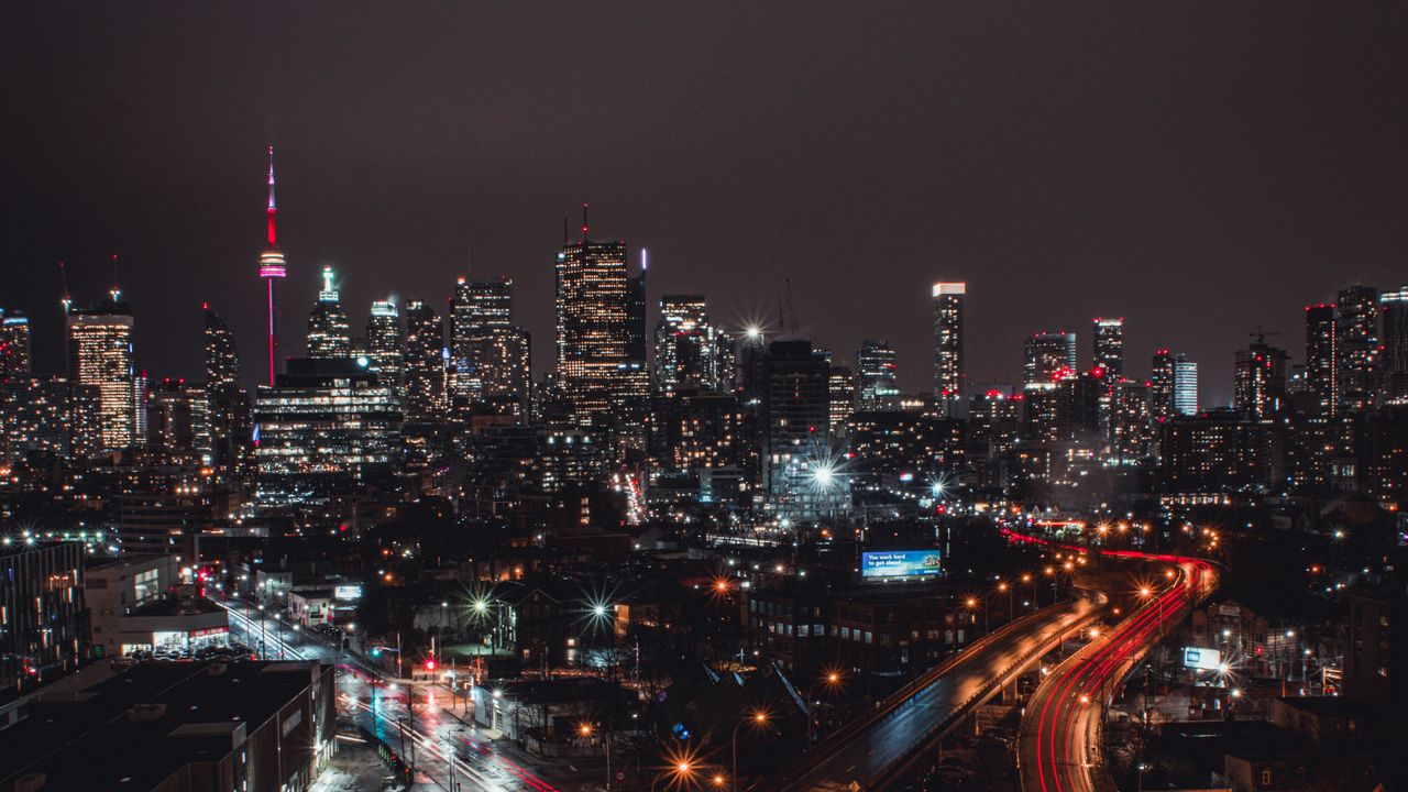 Wallpaper evening city, road, tower