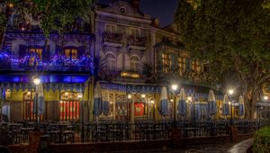 Preview wallpaper evening, city, street, christmas ornaments, garlands, lights, houses, buildings, cafes