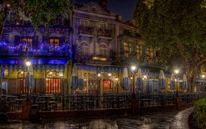 Preview wallpaper evening, city, street, christmas ornaments, garlands, lights, houses, buildings, cafes