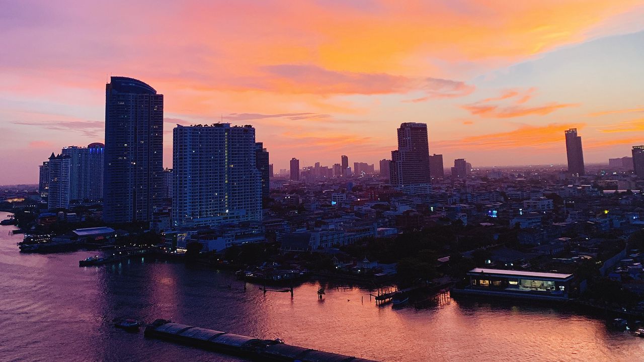 Wallpaper evening, city, sunset, buildings