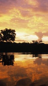 Preview wallpaper evening, clouds, sky, lake, decline, patterns, trees, outlines