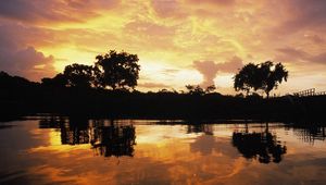 Preview wallpaper evening, clouds, sky, lake, decline, patterns, trees, outlines