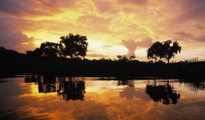 Preview wallpaper evening, clouds, sky, lake, decline, patterns, trees, outlines