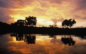 Preview wallpaper evening, clouds, sky, lake, decline, patterns, trees, outlines