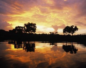 Preview wallpaper evening, clouds, sky, lake, decline, patterns, trees, outlines