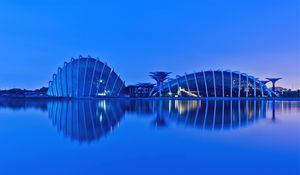 Preview wallpaper evening, gardens by the bay, malaysia, singapore, gulf, metropolis, lights, reflection, lighting