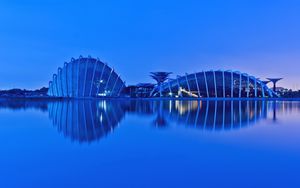 Preview wallpaper evening, gardens by the bay, malaysia, singapore, gulf, metropolis, lights, reflection, lighting