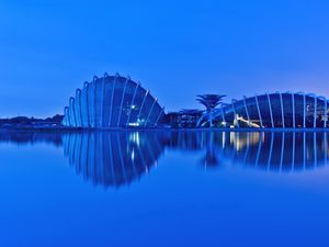 Preview wallpaper evening, gardens by the bay, malaysia, singapore, gulf, metropolis, lights, reflection, lighting