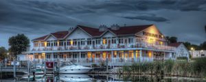 Preview wallpaper evening, house, river, boat, hdr