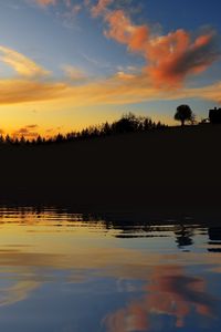 Preview wallpaper evening, outlines, lake, coast, trees, house, sky, clouds