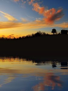 Preview wallpaper evening, outlines, lake, coast, trees, house, sky, clouds