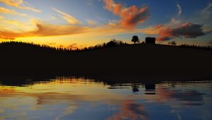 Preview wallpaper evening, outlines, lake, coast, trees, house, sky, clouds