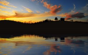 Preview wallpaper evening, outlines, lake, coast, trees, house, sky, clouds