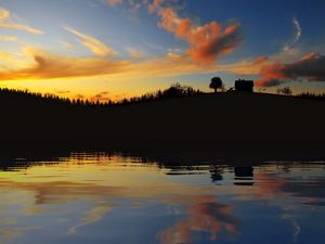 Preview wallpaper evening, outlines, lake, coast, trees, house, sky, clouds