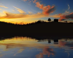 Preview wallpaper evening, outlines, lake, coast, trees, house, sky, clouds