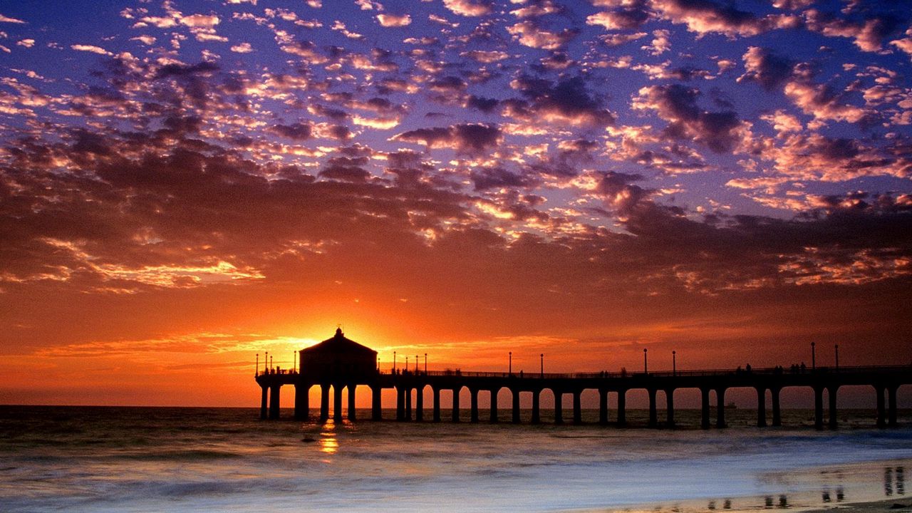 Wallpaper evening, sea, pier, decline, sky, coast, sun, clouds, california, beach