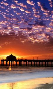 Preview wallpaper evening, sea, pier, decline, sky, coast, sun, clouds, california, beach