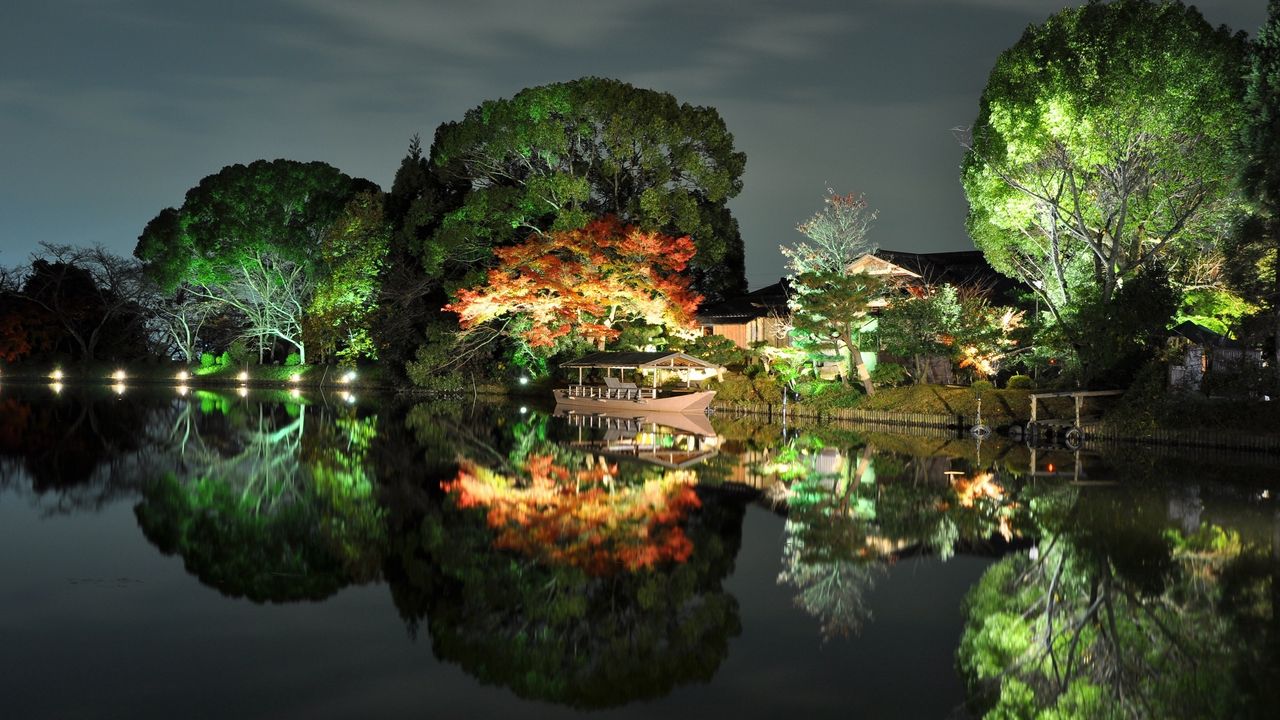 Wallpaper evening, trees, light, house, coast, japan, reflection, boat