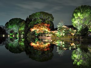 Preview wallpaper evening, trees, light, house, coast, japan, reflection, boat